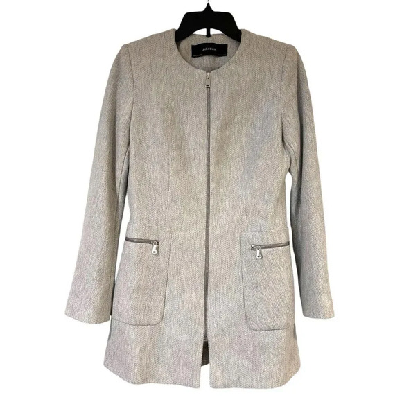ZARA Gray Marl Herringbone Frock Blazer Jacket Zip Up Stretchy Career Medium - Picture 1 of 15